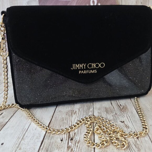 Jimmy Choo Crossbody Clutch Bag, Black and gold litter Velvet Gold Chain New - Picture 2 of 7